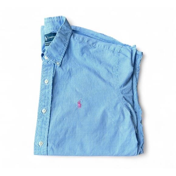 Ralph Lauren Long Sleeve Button Up Polo Shirt Blue Gingham Pink Pony Logo Size L - Picture 2 of 7